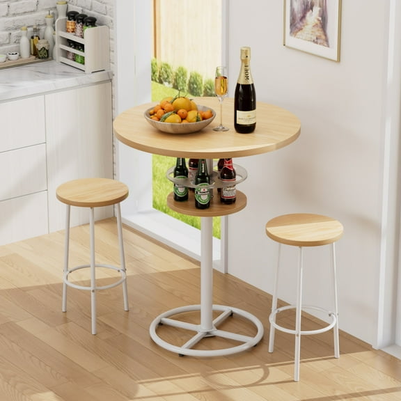 VECELO Pub Table Round Bar Height With Wine Rack Metal Base MDF Top, 36.2-Inch Height, Plain Wood Color