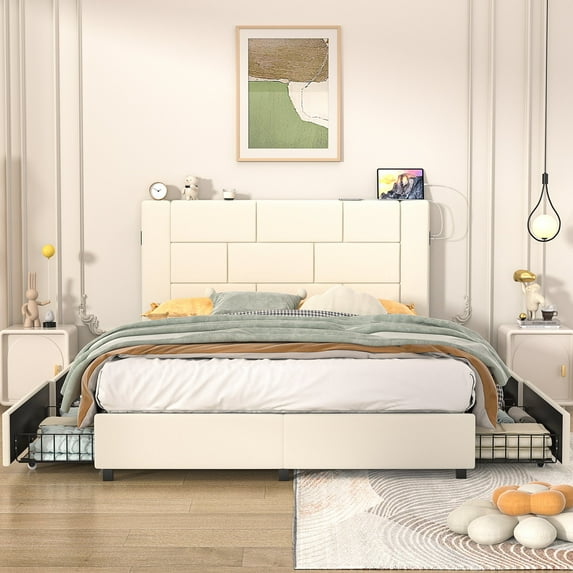 VECELO Queen Bed Frame with 4 Storage Drawers and Charging Station, Upholstered Platform Bed with Headboard, Wooden Slats Support, No Box Spring Needed, Easy Assembly, Beige