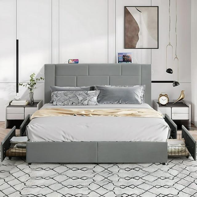 VECELO Queen Bed Frame with Storage Drawers, Upholstered Platform Bed with Charging Station, Wooden Slats Support, No Box Spring Needed, Easy Assembly, Dark Gray