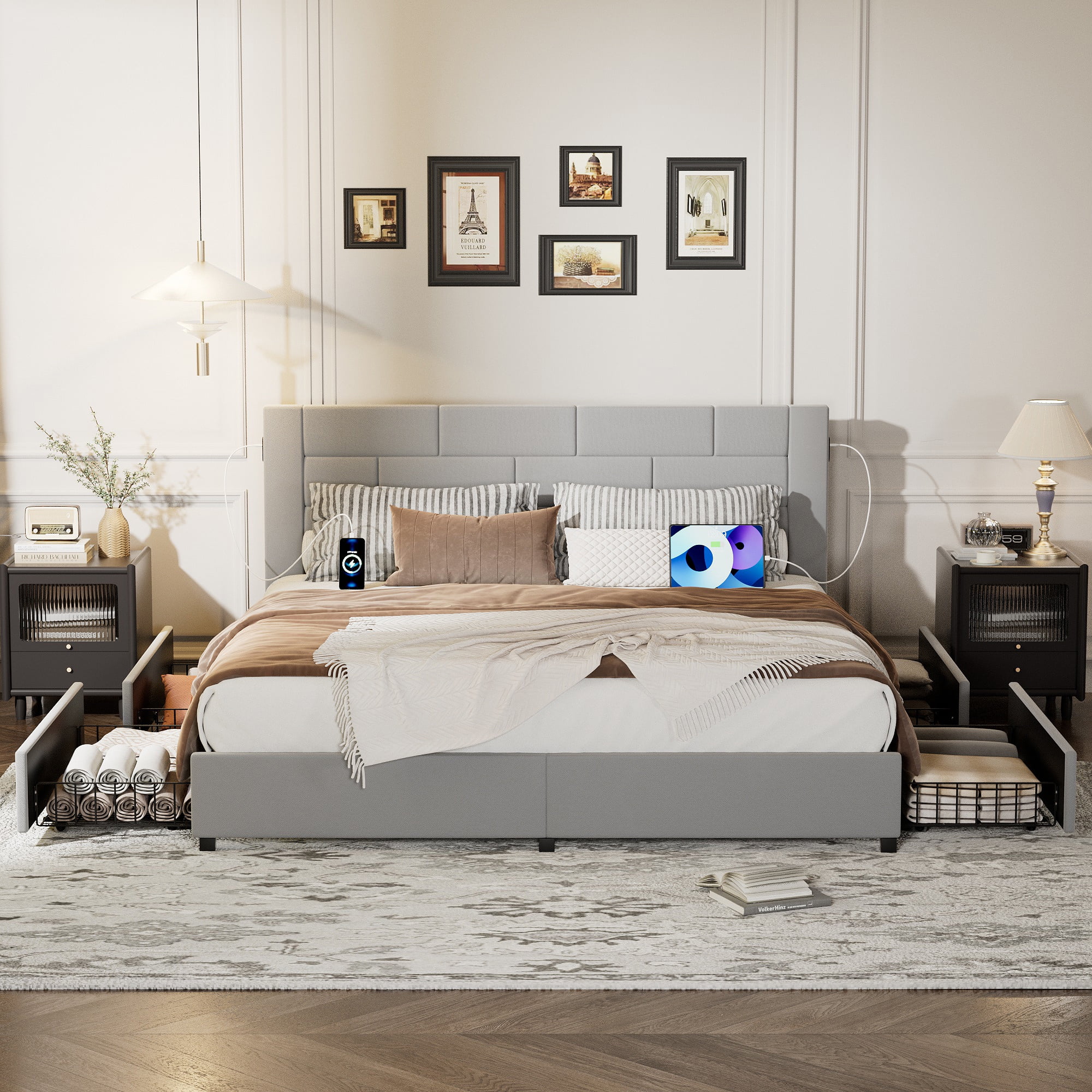VECELO Queen Bed Frame with 4 Storage Drawers and Charging Station ...