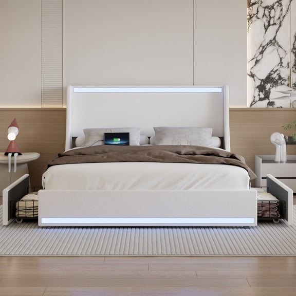 VECELO Queen Bed Frame with LED Lights White Metal Frame Queen Platform Bed with 2 Storage Drawers, Charge Station, USB Ports, Upholstered Headboard,White