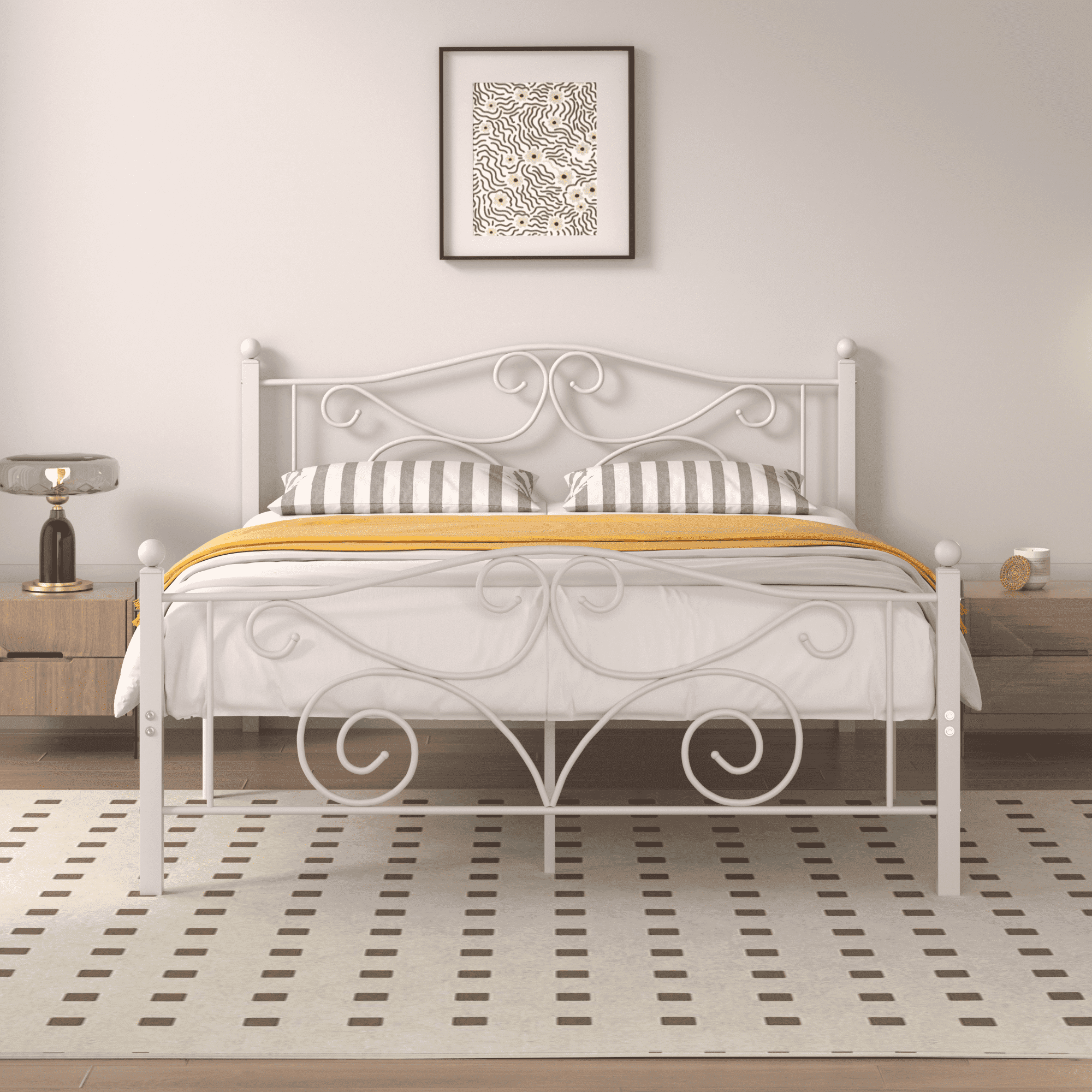 VECELO Queen Bed Frame Metal Platform Bed Frame with Butterfly Shaped Headboards and Footboard, Mattress Foundation for Storage, No Box Spring Needed, Easy Assembly, Twin Size, White