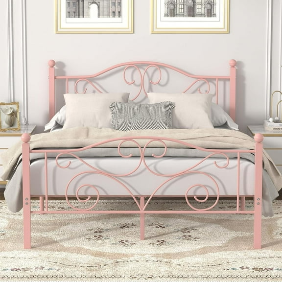 VECELO Queen Bed Frame Metal Platform Bed Frame with Butterfly Shaped Headboards and Footboard, Mattress Foundation for Storage, No Box Spring Needed, Easy Assembly, Twin Size, Pink