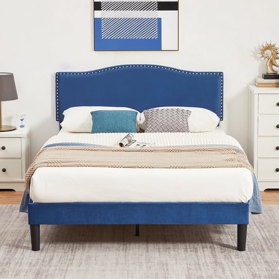 VECELO Queen Bed Frame, Nailhead Trim Upholstered Platform Bed with Adjustable Headboard, Wooden Slats Support/No Box Spring Needed, Dark Blue