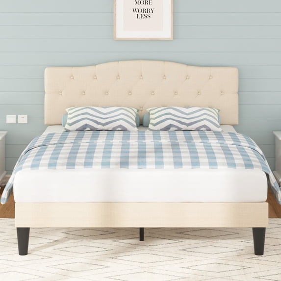VECELO Queen Upholstered Platform Bed Frame with Diamond Tufted Adjustable Headboard, Wooden Slats Support, No Box Spring Needed, Beige