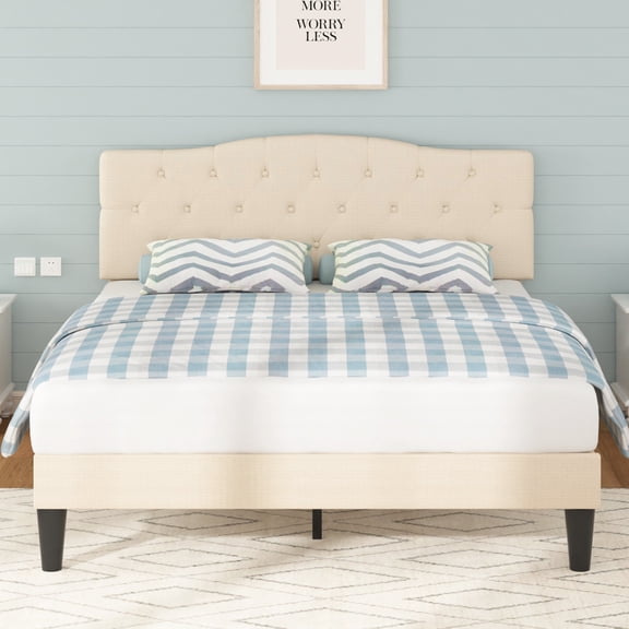 VECELO Queen Upholstered Platform Bed Frame with Diamond Tufted Adjustable Headboard, Wooden Slats Support, No Box Spring Needed, Beige