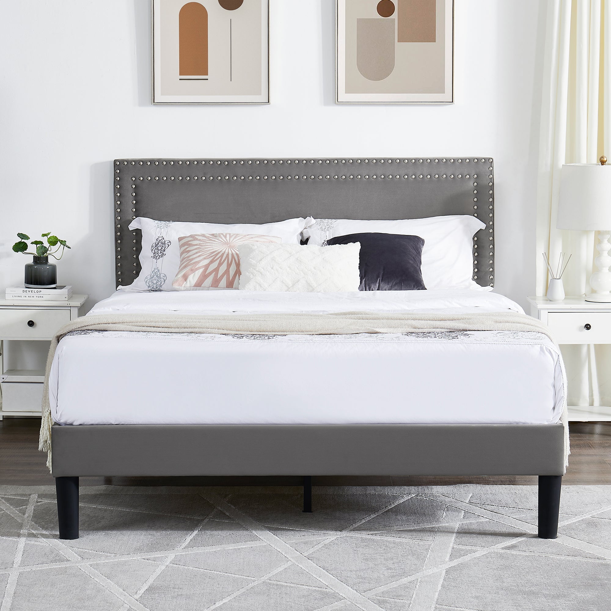 VECELO Queen Bed Frame, Upholstered Queen Size Platform Bed Frame with Adjustable Headboard, Strong Wood Slat Support, No Box Spring Needed, Dark Gray