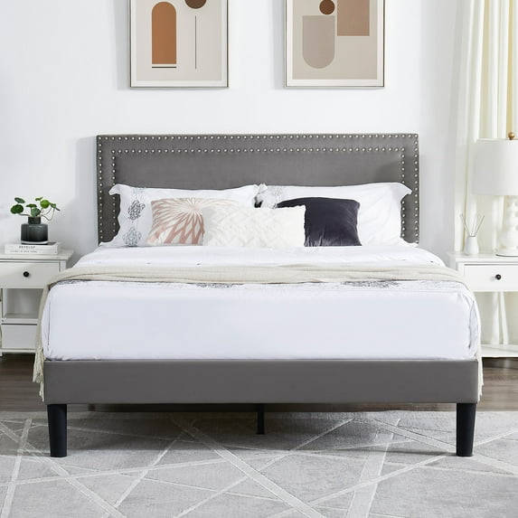VECELO Queen Bed Frame, Upholstered Queen Size Platform Bed Frame with Adjustable Headboard, Strong Wood Slat Support, No Box Spring Needed, Dark Gray