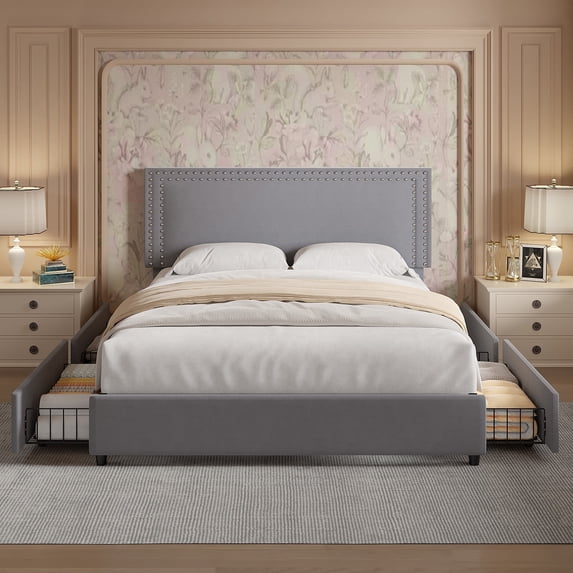 VECELO Queen Bed Frame with 4 Storage Drawers (Wheeled) and Tufted Upholstered Adjustable Headboard Platform Bed, Dark Gray