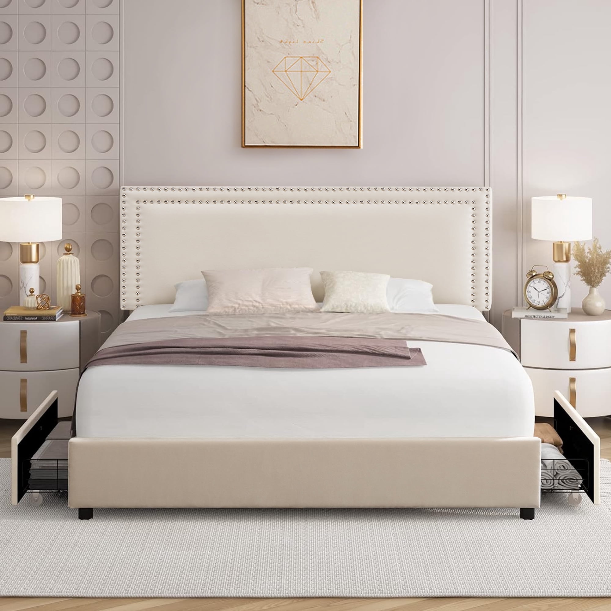 VECELO Queen Size Bed Frame with 4 Wheeled Storage Drawers and ...