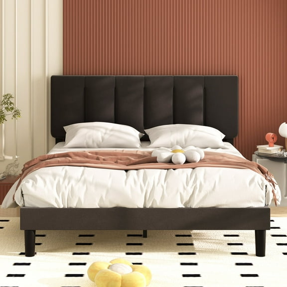 VECELO Queen Bed Frame with Upholstered Headboard, Heavy-Duty Platform Bedframe with Strong Wooden Slats Support, No Boxing Spring Needed,White