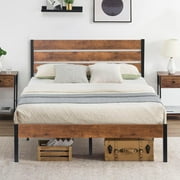VECELO Queen Bed Frame with Wooden Headboard, Rustic Industrial Platform Bed and Strong Metal Slats, No Box Spring Needed, Brown