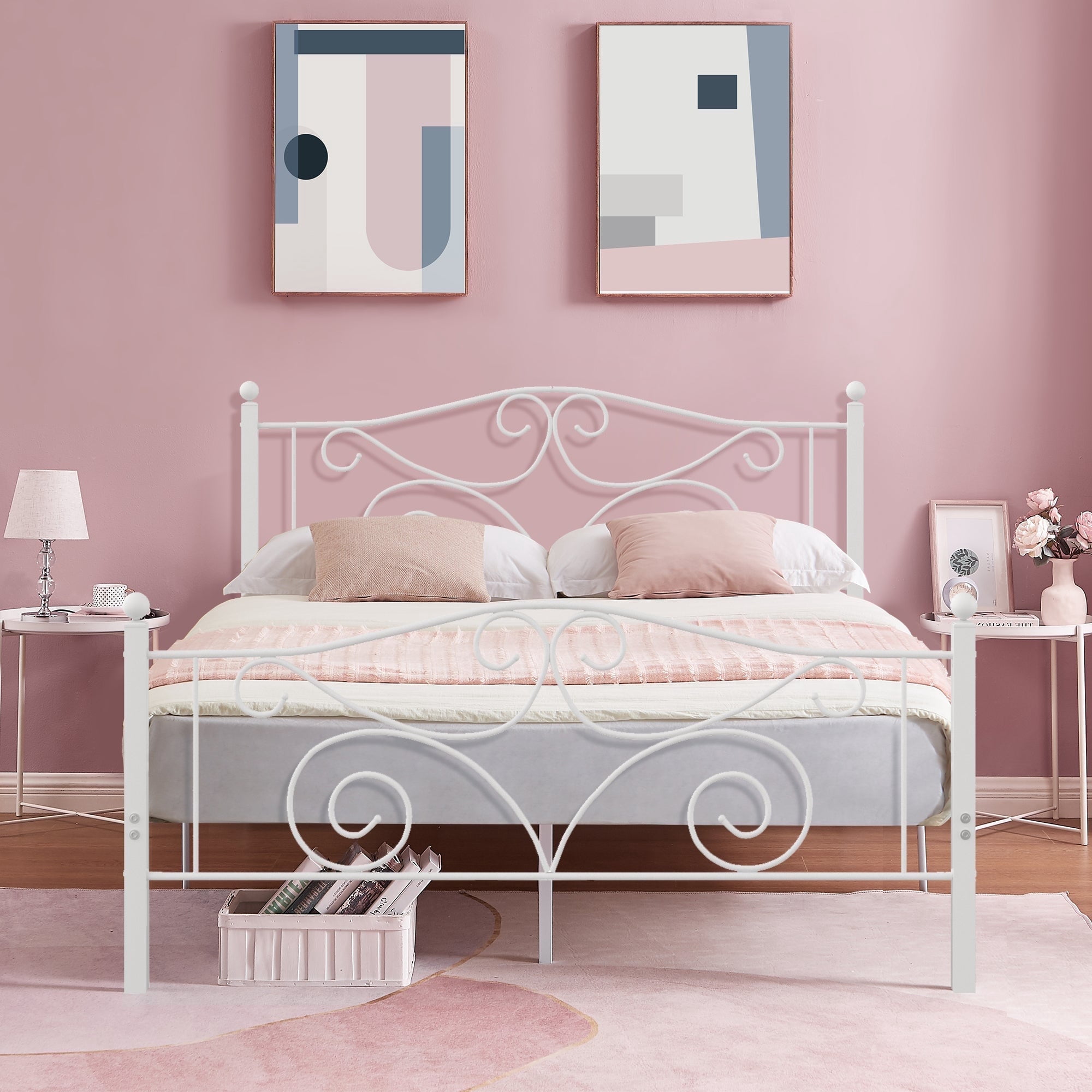 VECELO Queen Metal Bed Frame with Headboard & Footboard, Box Spring Replacement, Heavy Duty & Quick Assembly, White