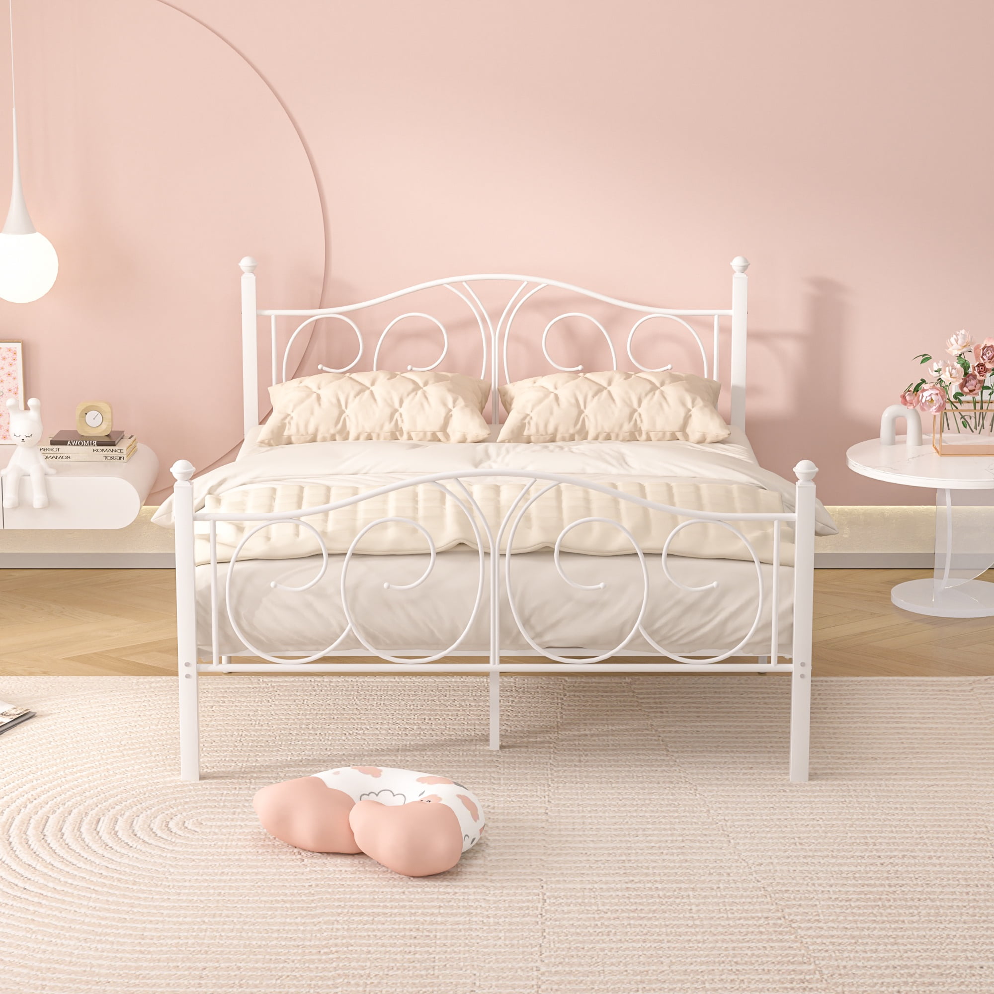 VECELO Queen Metal Bed Frame with Headboard and Footboard, Heavy Duty Slat Support Platform Frame for Bedroom, No Box Springs Needed, White