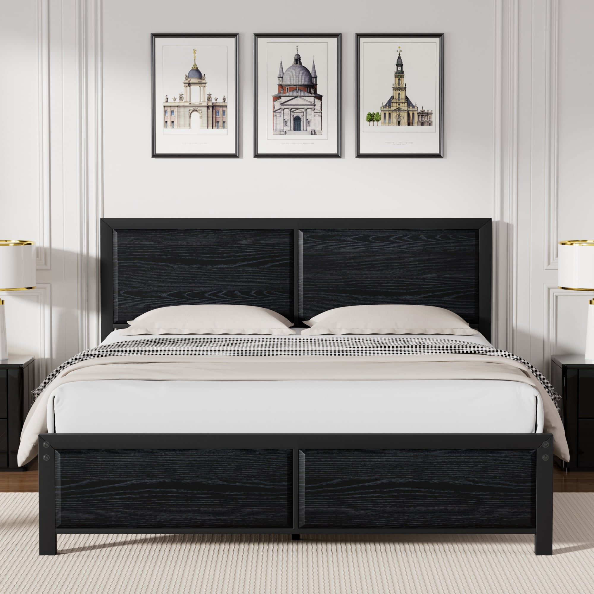 VECELO Queen Metal Bed Frame with Wooden Headboard and Footboard, Heavy Duty Slat Supprt, No Box Spring Needed, Easy Assembly, Black