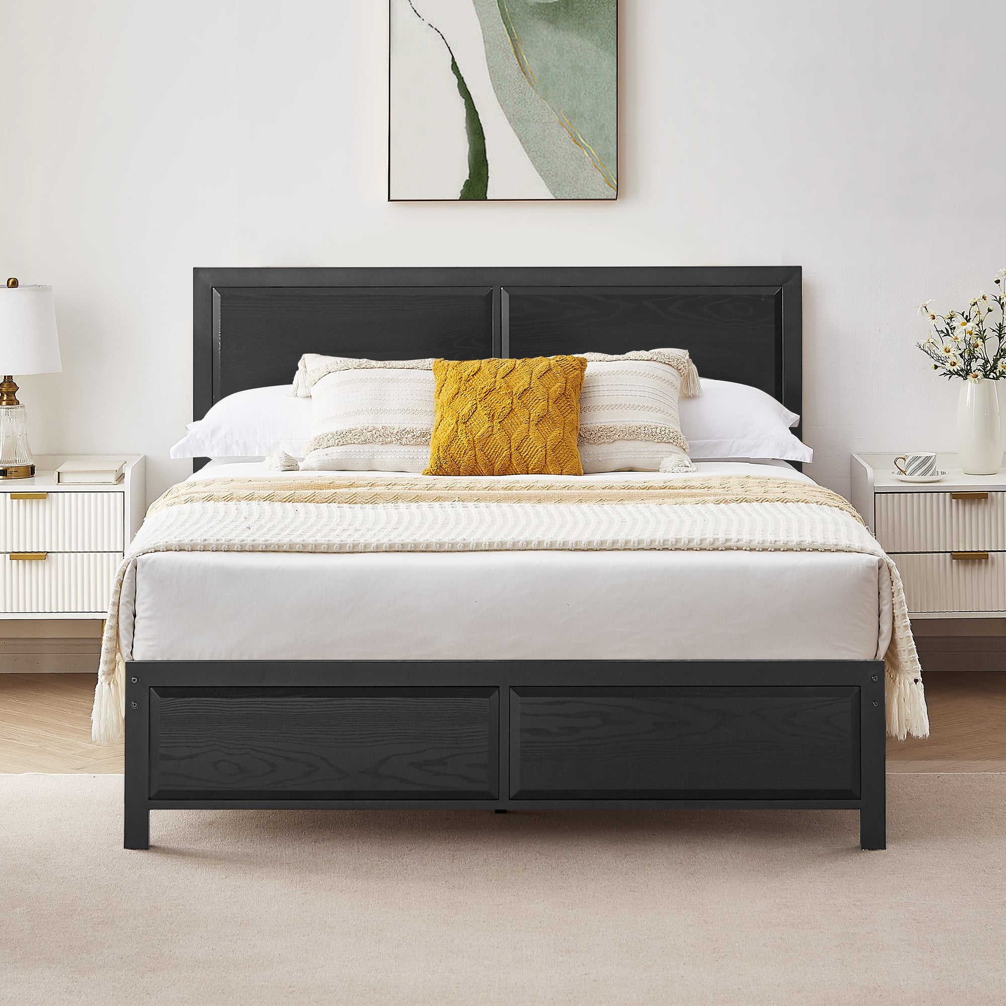 VECELO Queen Metal Bed Frame with Wooden Headboard and Footboard Heavy Duty Slat Supprt No Box Spring Needed Easy Assembly Black