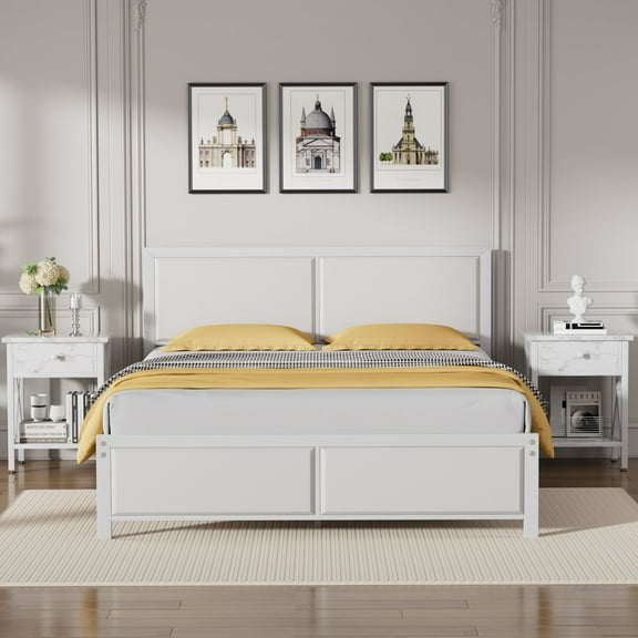 VECELO Queen Metal Platform Bed Frame with Wooden Headboard, Heavy Duty Slat Support, No Box Spring Needed, White