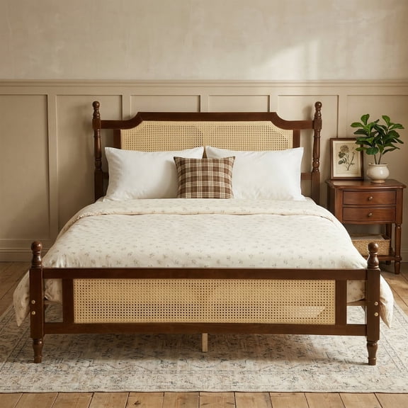 VECELO Queen Pine Wooden Bed with Rattan Headboard and Footboard, with Central Enhanced Bed Platform, Walnut