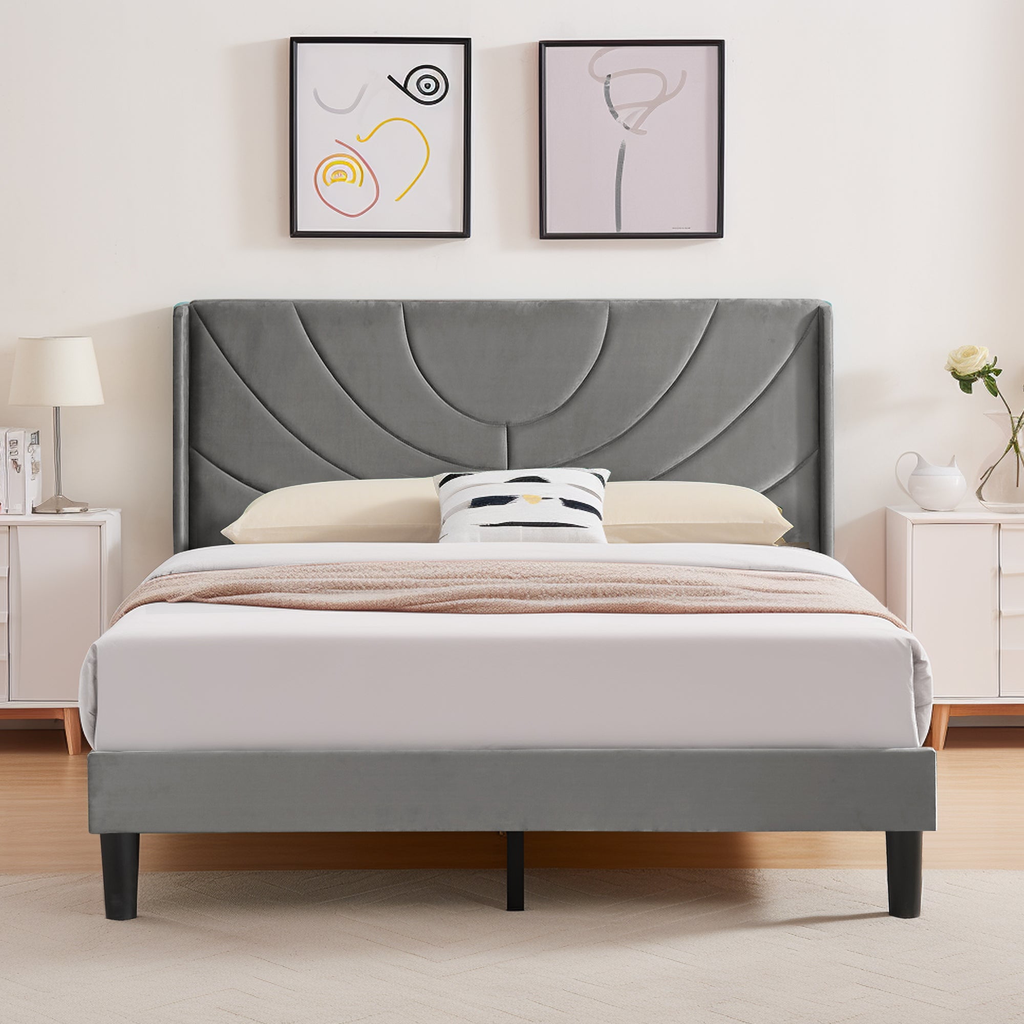 VECELO Queen Platform Bed Frame with Upholstered Headboard, Strong Wooden Slats/No Box Spring Needed, Dark Gray