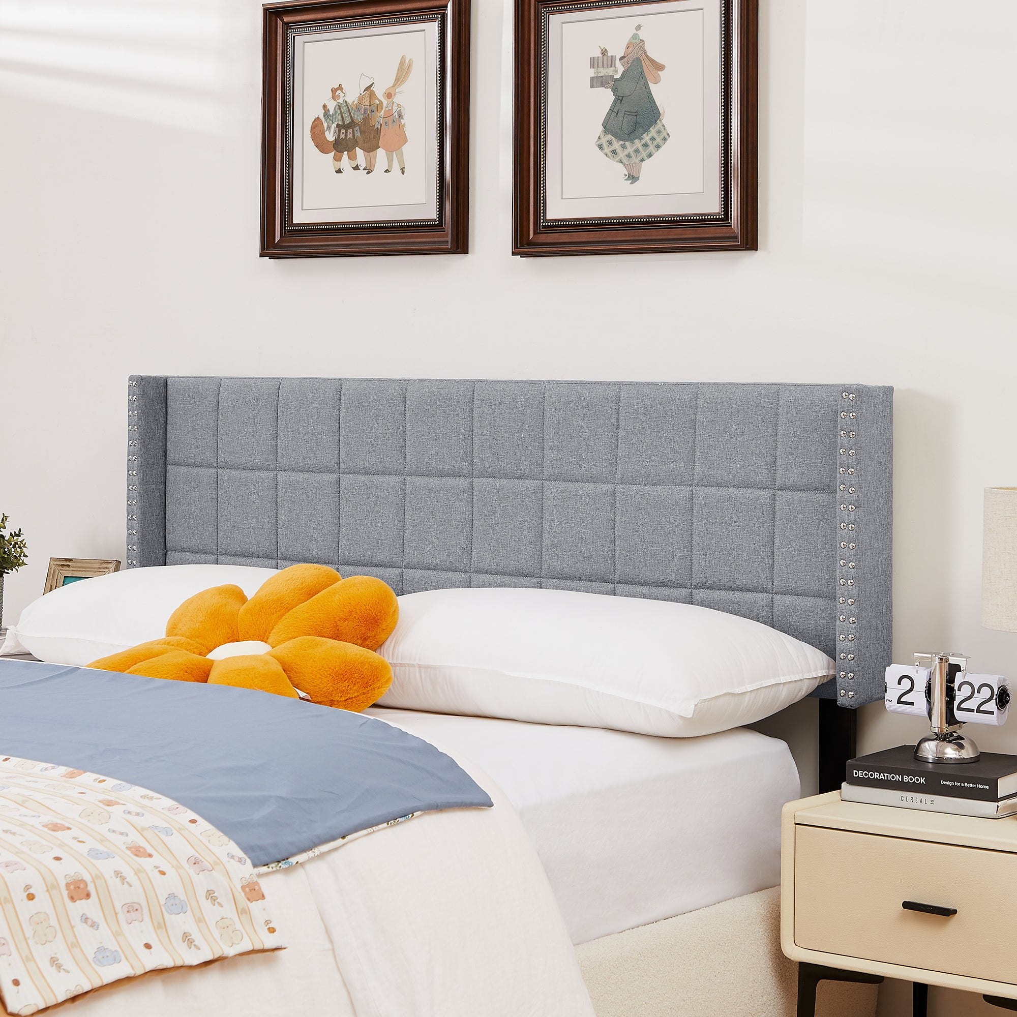 VECELO Queen Size Adjustable Height Upholstered Headboard Modern Wingback Headboard with Double Nailhead Trimming and Button Tufting for Bedroom