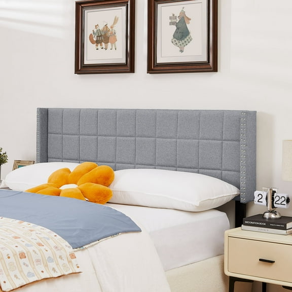 VECELO Queen Size Adjustable Height Upholstered Headboard, Modern Wingback Headboard with Double Nailhead Trimming and Button Tufting for Bedroom, Light Gray