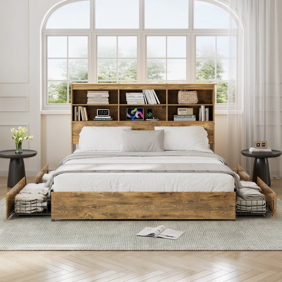 VECELO Queen Size Bed Frame with 3-Tier Storage Headboard, Metal Platform Bed with 4 Storage Drawers, Built in Charging Station, Noise-Free/Metal Support/No Box Spring Needed, Brown