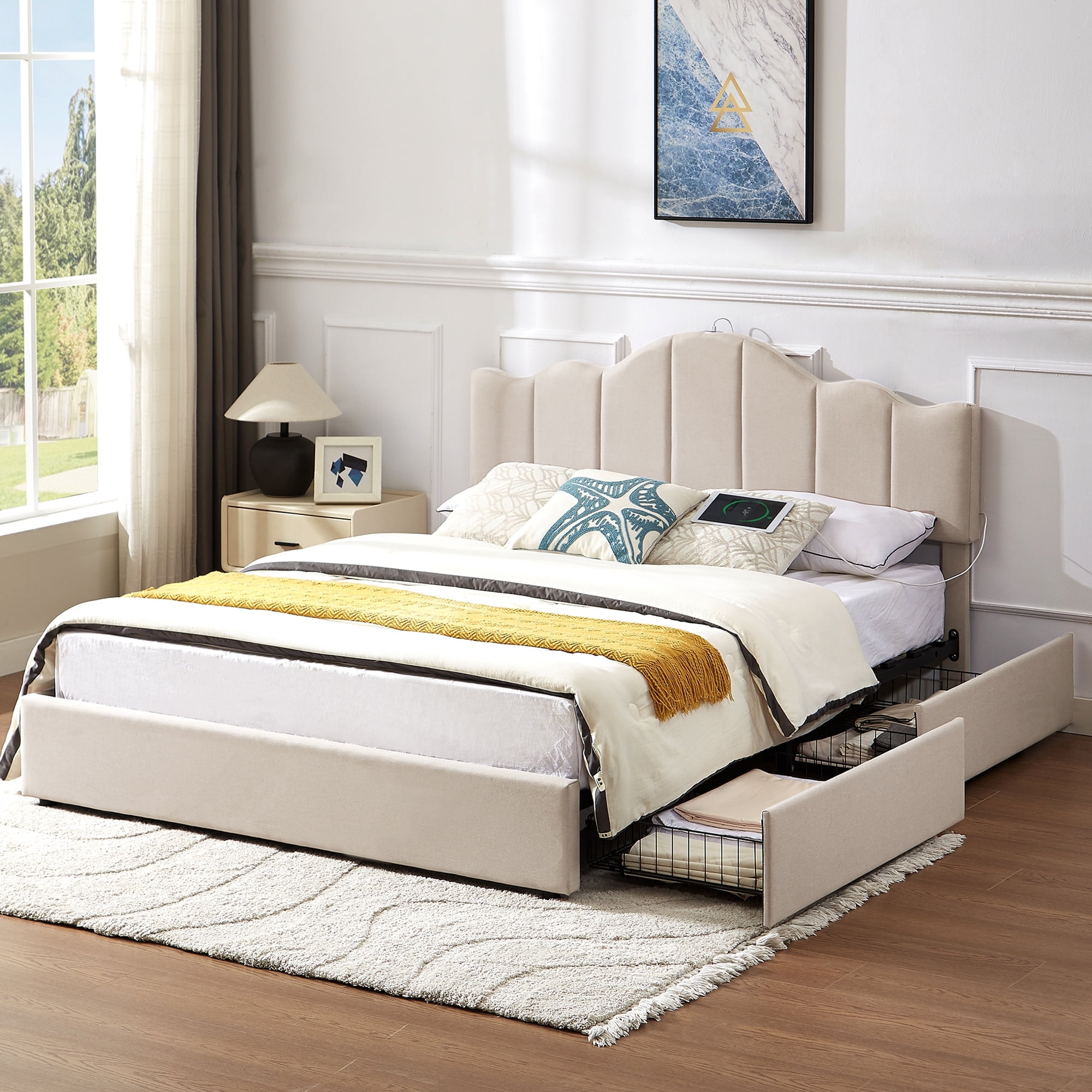 VECELO Queen Size Bed Frame with 4 Storage Drawers, Storage Platform ...