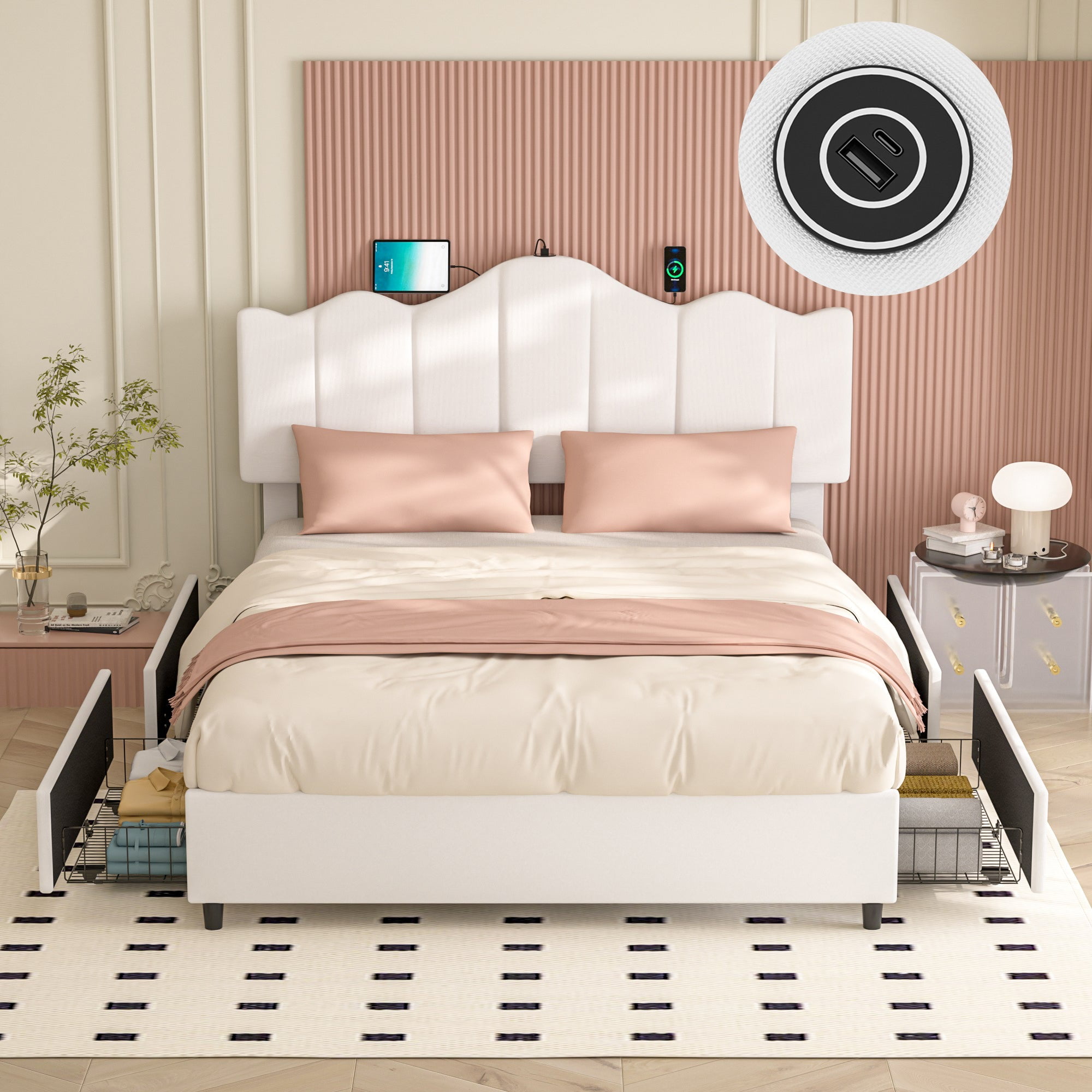 VECELO Queen Size Bed Frame with 4 Storage Drawers, Upholstered ...