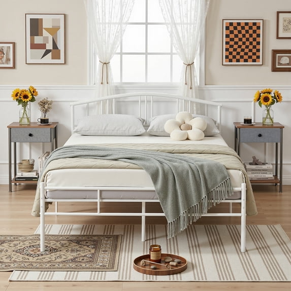 VECELO Queen Size Bed Frame with Arched Headboard, Metal Platform Bed Frame with Underbed Storage Space, Heavy Duty Slats, No Box Spring Needed, Easy Assembly, White