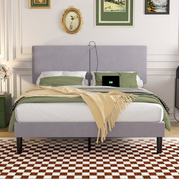 VECELO Queen Size Bed Frame with Charging Station, Upholstered Platform Bed Frame with Adjustable Headboard, Wooden Slats Support, No Box Spring Needed, Gray