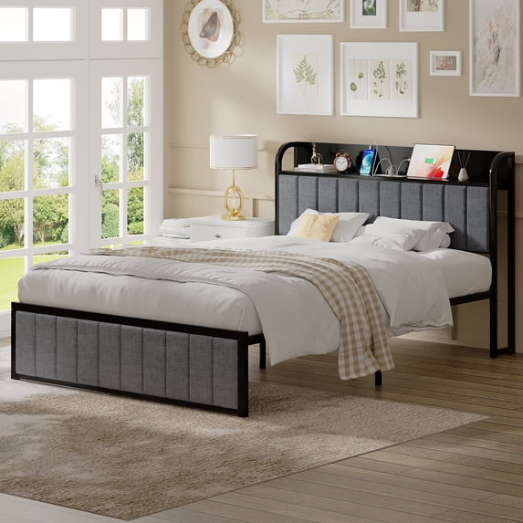 VECELO Queen Size Bed Frame with Charging Station, Upholstered Platform Bed Frame with Storage Headboard, Metal Slats Supports Mattress Foundation, No Box Spring Needed, Gray
