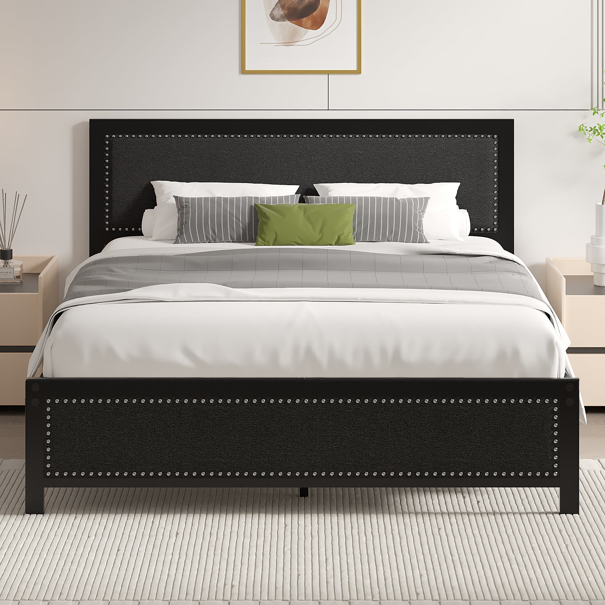 VECELO Queen Size Bed Frame Metal Platform Bed with Upholstered Headboard, No Box Spring Needed, Black