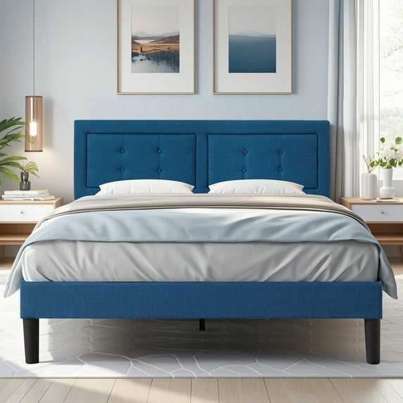 VECELO Queen Size Bed Frame, Modern Platform Bed Frame with Adjustable Button Tufted Upholstered Headboard for Bedroom, No Box Spring Needed, Easy Assembly, Blue