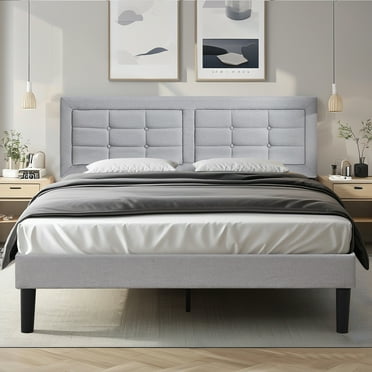 VECELO Queen Size Bed Frame, Modern Platform Bed Frame with Adjustable Button Tufted Upholstered Headboard for Bedroom, No Box Spring Needed, Easy Assembly, Light Gray