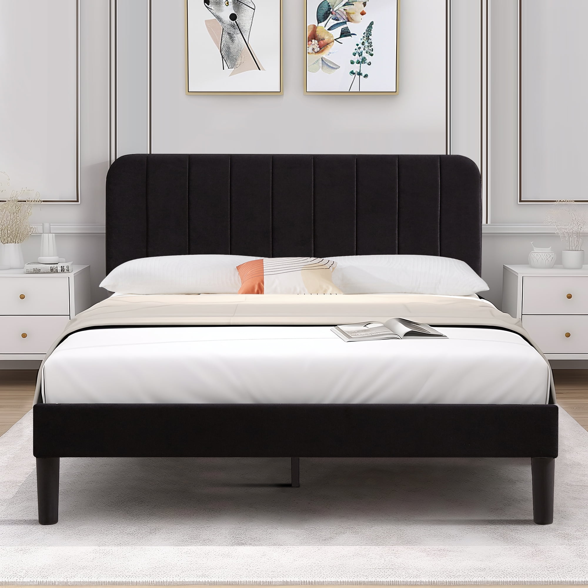 VECELO Queen Size Bed Frame, Modern Upholstered Platform Bed Frame with Adjustable Headboard, Wooden Slats Support/No Box Spring Needed, Black