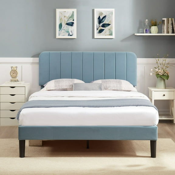 VECELO Queen Size Bed Frame, Modern Upholstered Platform Bed Frame with Adjustable Headboard, Wooden Slats Support/No Box Spring Needed, Light Blue
