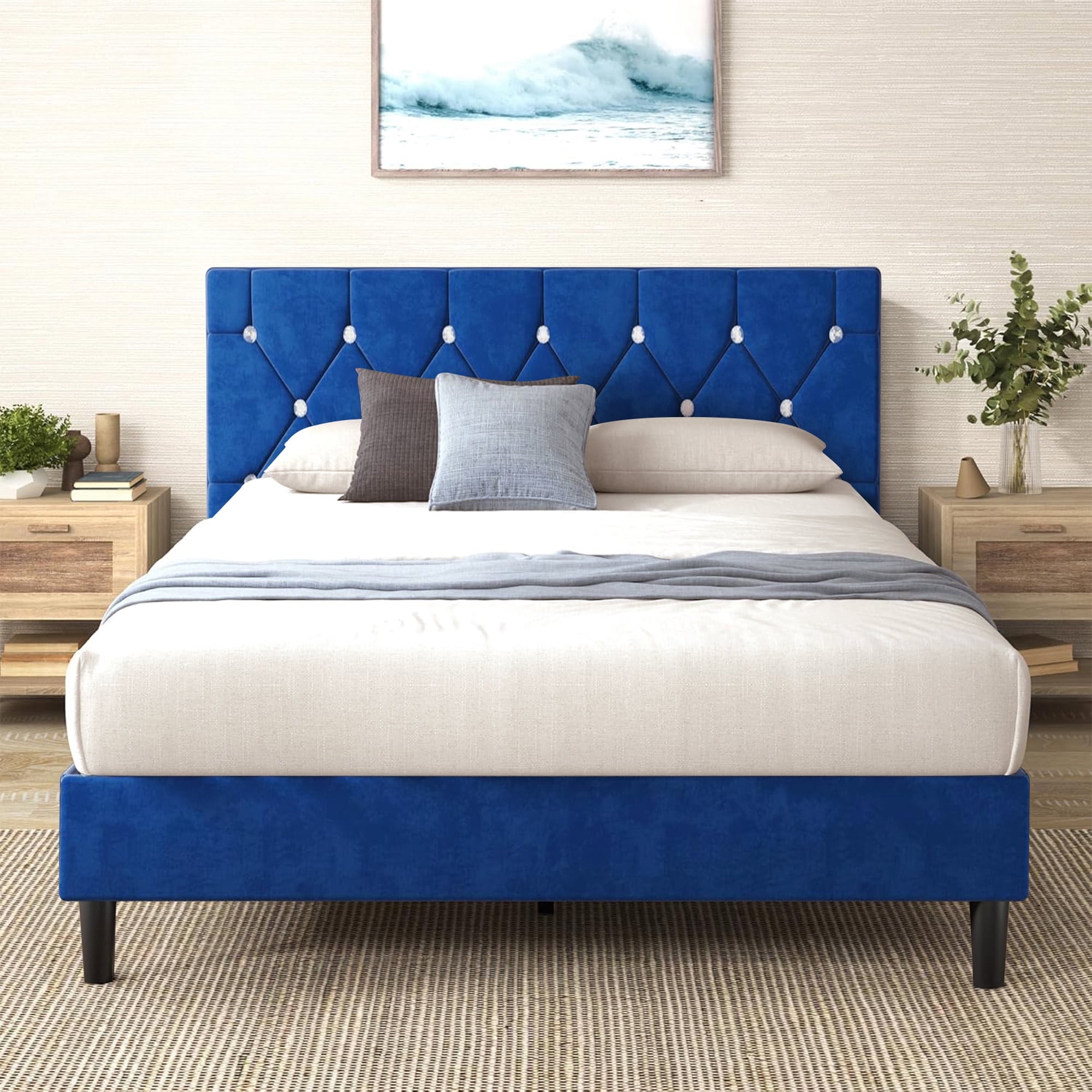 VECELO Queen Size Bed Frame, Modern Upholstered Platform Bed Frame with Diamond Tufted Headboard, No Box Spring Needed, Easy Assembly, Blue