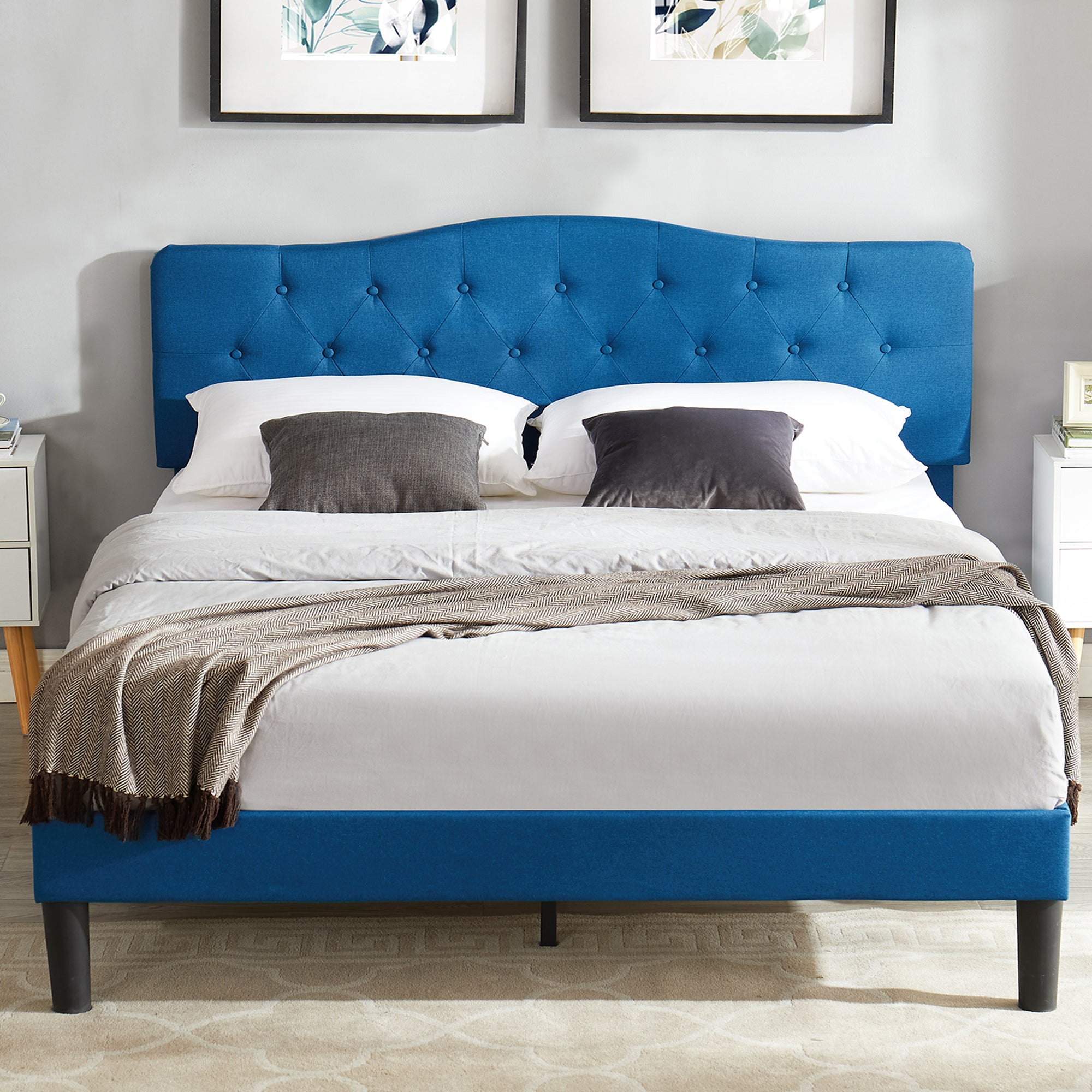 VECELO Full Size Upholstered Platform Bed Frame With Adjustable Tufted Headboard - Beige