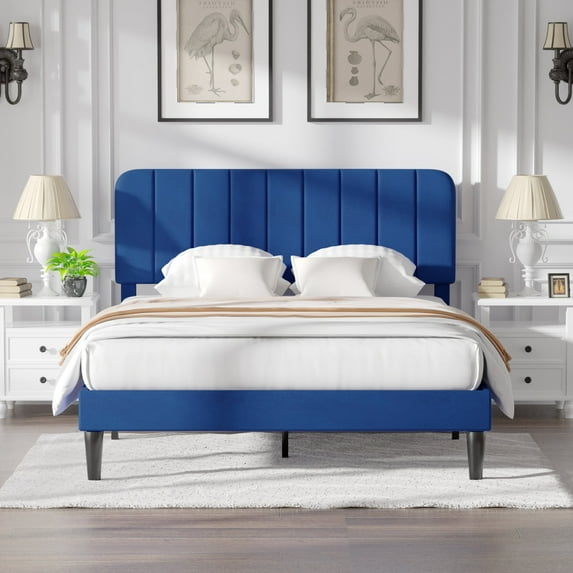 VECELO Queen Size Bed Frame with Upholstered Headboard, Velvet Platform Bedframe Mattress Foundation, Strong Wood Slat Support, No Box Spring Needed,Velvet Dark Blue