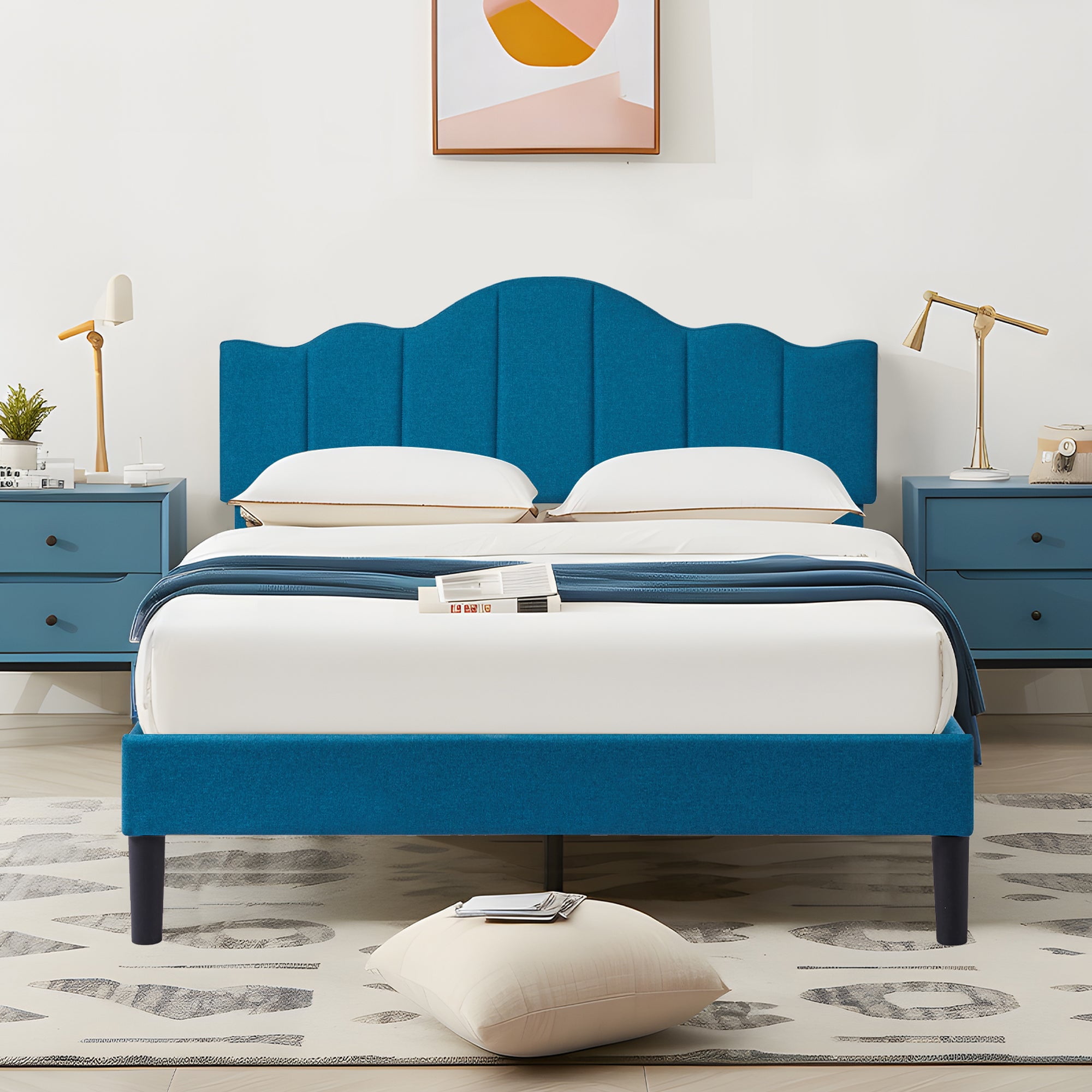 VECELO Queen Size Bed Frame, Upholstered Platform Bed with Adjustable Headboard, Wooden Slats Support, No Box Spring Needed, Easy Assembly, Eco Friendly Packaging, Blue