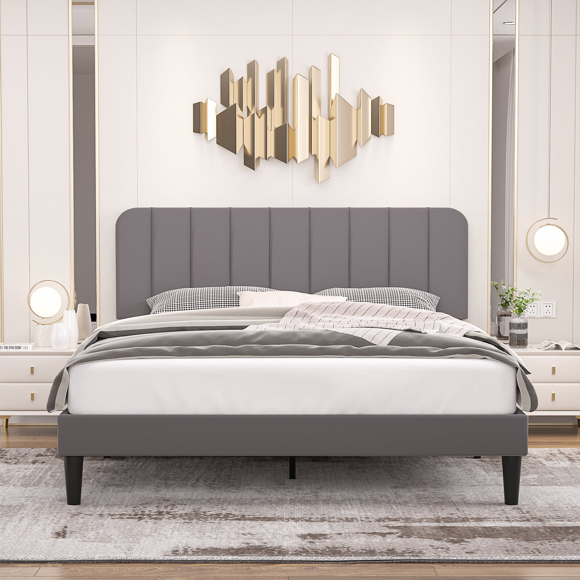 VECELO Queen Size Bed Frame, Upholstered Platform Bed Frame with