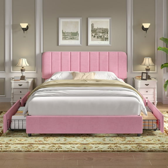 VECELO Queen Size Bed Frame with 4 Storage Drawers, Modern Upholstered Platform Bed Frame with Adjustable Headboard, No Box Spring Needed, Pink