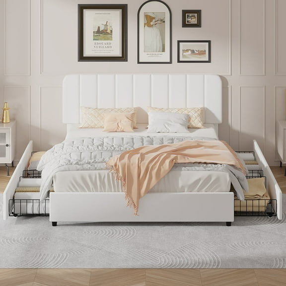 VECELO Queen Size Bed Frame with 4 Storage Drawers, Modern Upholstered Platform Bed Frame with Adjustable Headboard, No Box Spring Needed, White