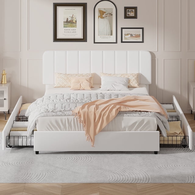 VECELO Queen Size Bed Frame with 4 Storage Drawers, Modern Upholstered ...