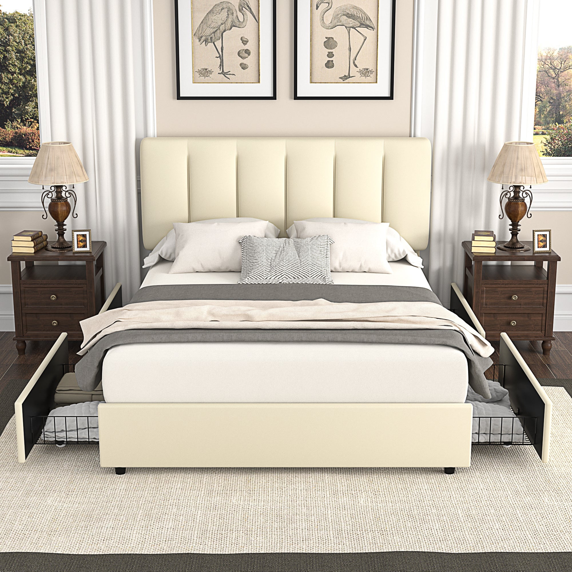 VECELO Queen Size Bed Frame With 4 Storage Drawers, Upholstered ...