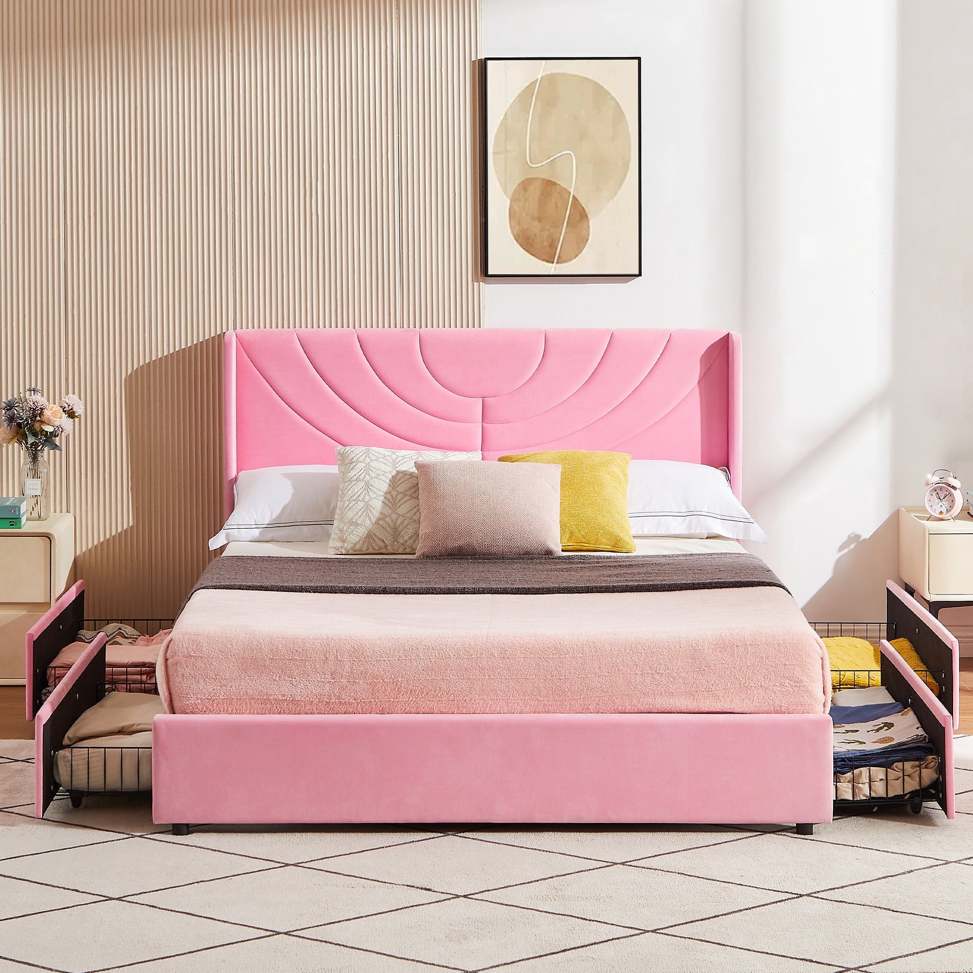 VECELO Queen Size Bed Frame with 4 Storage Drawers and Headboard ...