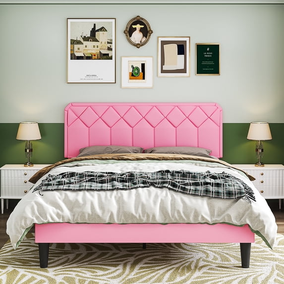 VECELO Queen Size Bed Frame with Adjustable Headboard, Upholstered Platform Bed Frame with Wooden Slats Support, No Box Spring Needed, Pink
