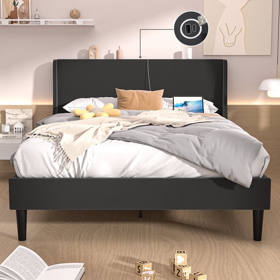 VECELO Queen Size Bed Frame with Charging Station, Upholstered Platform Bed Frame with Wingback Headboard, No Box Spring Needed, Gray