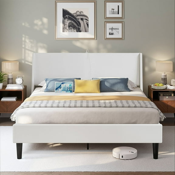 VECELO Queen Size Bed Frame with Charging Station, Upholstered Platform Bed Frame with Wingback Headboard, No Box Spring Needed, White