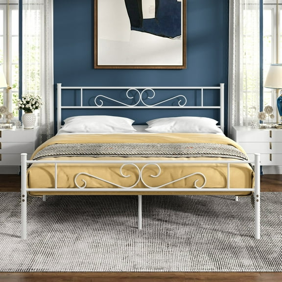 VECELO Queen Size Bed Frame with Headboard, Metal Platform Bed Frame/Mattress Foundation, No Box Spring Needed, Easy Assembly, White